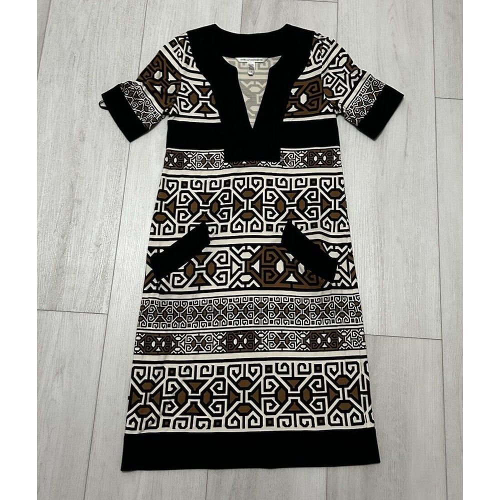 Diane Von Furstenberg Geometric‎ Print Jersey Silk Shift Dress DVF Sz 2 EUC